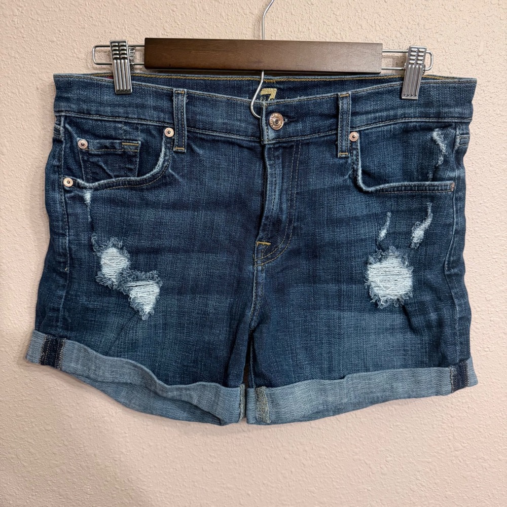 7 For All Mankind Distressed Denim Shorts Dark Wash Cuffed Size 28